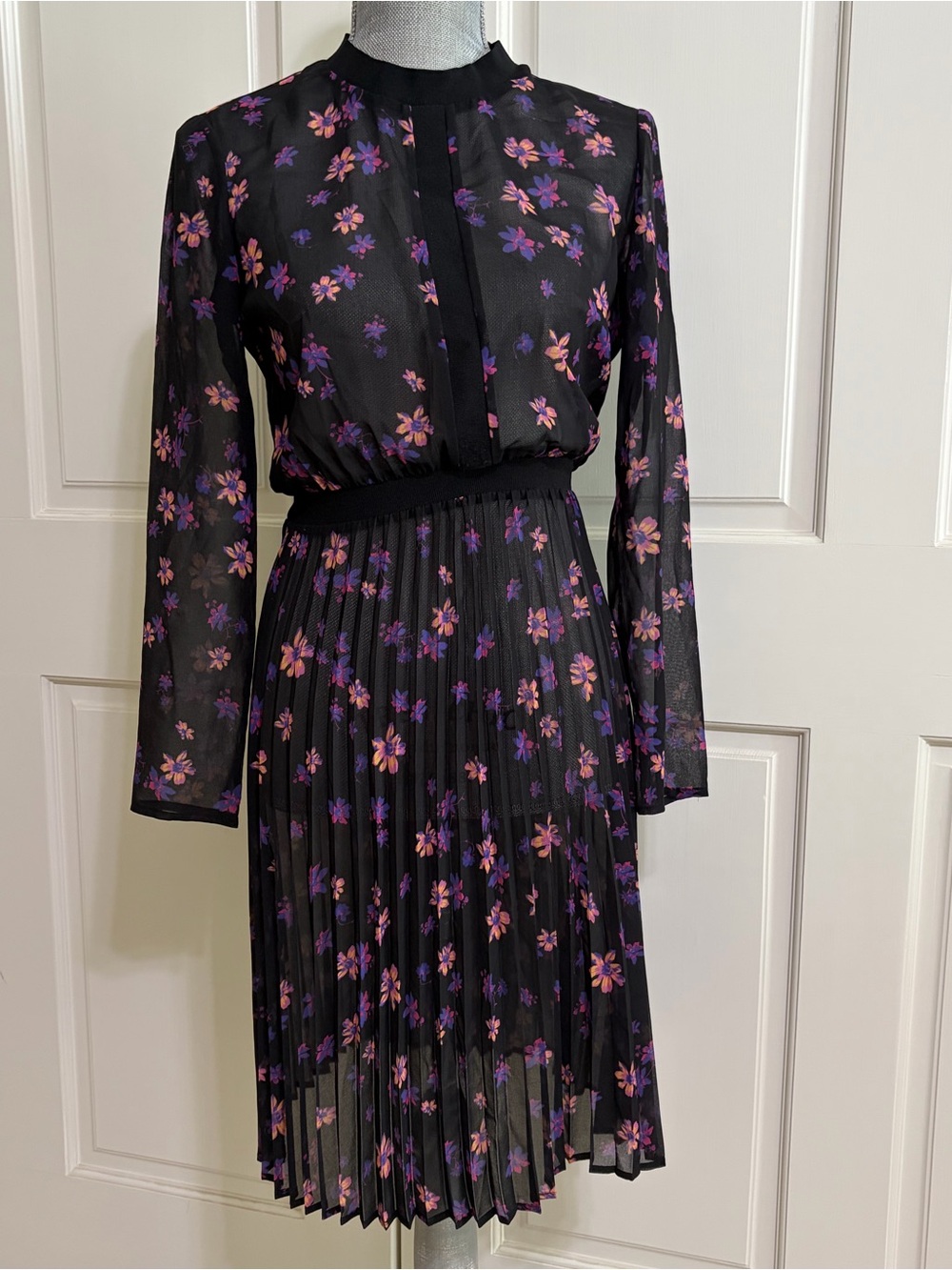 Maje Black Floral Sheer Pleated Dress Purple Pink Size 1 Small